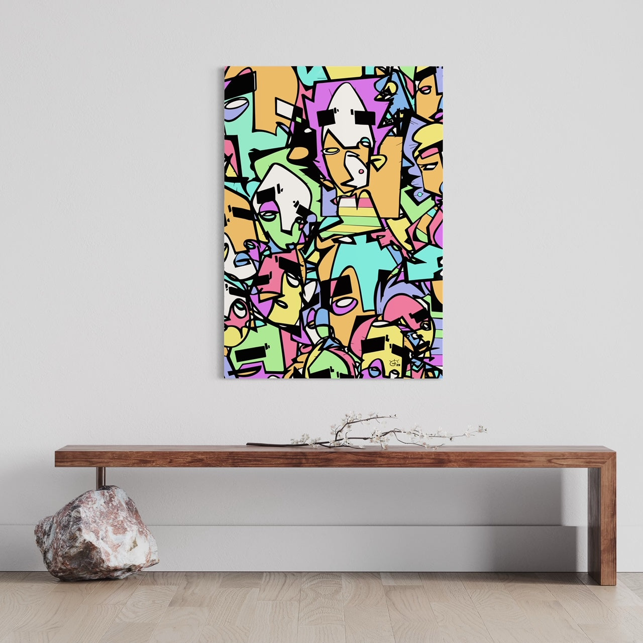 Carnival Rio de Janeiro Poster front mockup display, vibrant cubist overlapping forms cyans contours bold