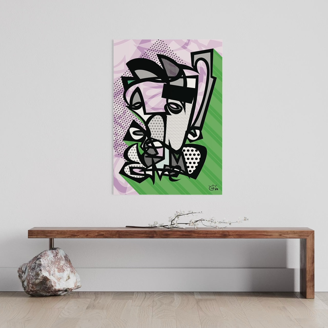 GRUMPY Fine art Poster gallery setting final view, modern continuous line art grumpy figure bold pink backdrop