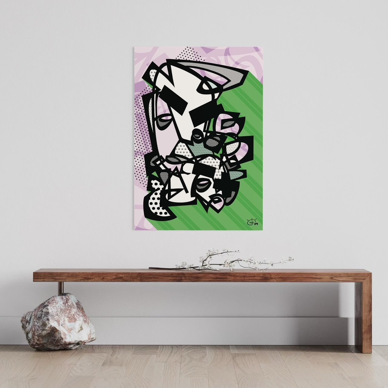 KUSH KUSH Poster abstract vertical face, bold geometric lines in interior setting