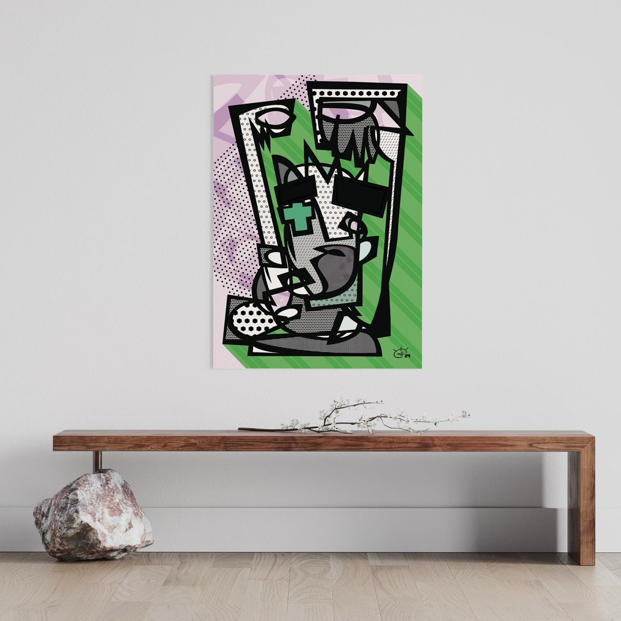 LIL WITCHA Poster gallery end view, cubist one-line witch with subtle gray tones