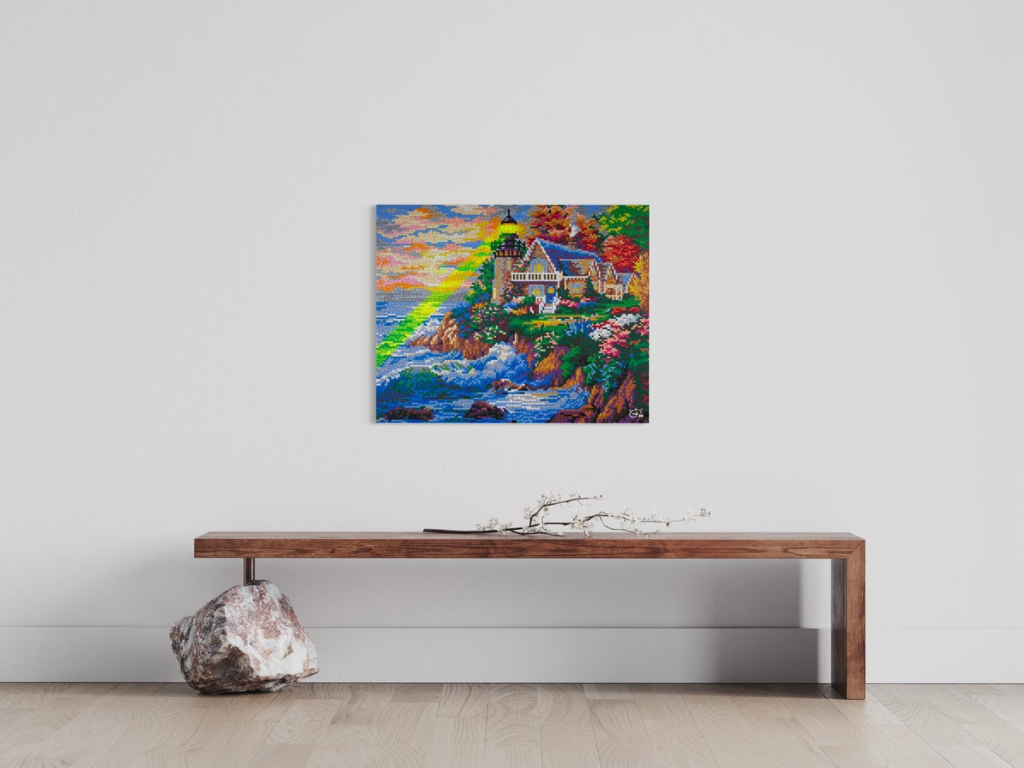 LASER TOWER Canvas totale composition centered, pixel art coastal cliff with flowers waves and futuristic laser sky