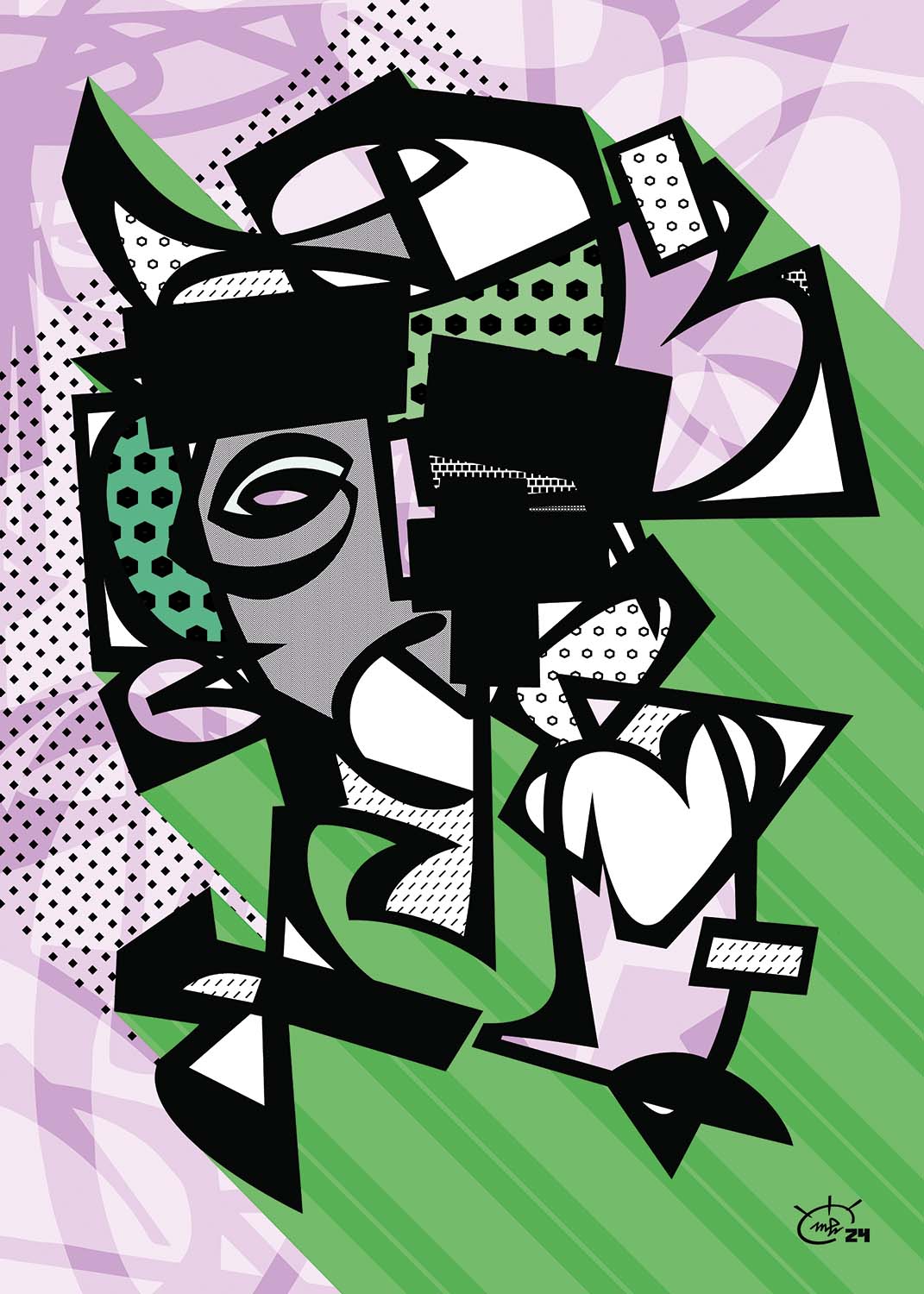 A bold abstract cubist artwork titled "Vato Loco" by Markus Haertel, featuring fragmented geometric shapes, black lines, and soft purples and greens.