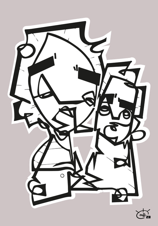 A black and white abstract artwork titled "Ask Grandma" by Markus Haertel, featuring two stylized faces created with bold one line geometric shapes on museum paper quality on rose background