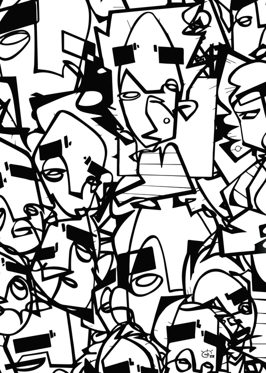 A black and white abstract artwork titled "Carnival Berlin" by Markus Haertel, featuring overlapping, stylized faces in a dense, chaotic crowd, created with bold one line geometric shapes.
