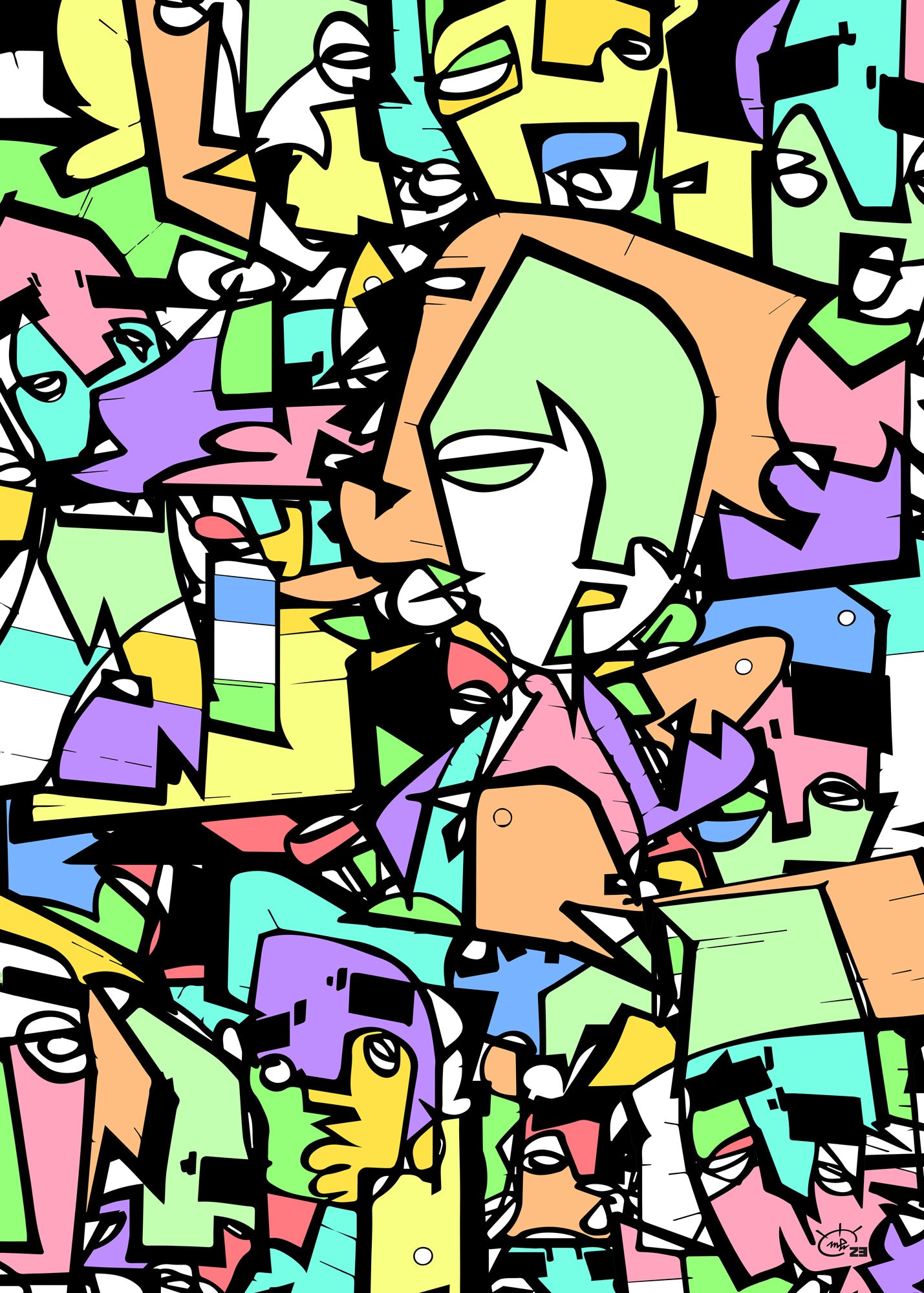 A vibrant, colorful abstract artwork titled "Carnival Cologne" by Markus Haertel, featuring overlapping, stylized faces in a chaotic crowd, created with bold black lines and filled with bright colors.