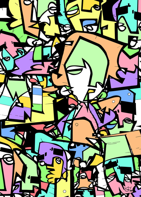 A vibrant, colorful abstract artwork titled "Carnival Cologne" by Markus Haertel, featuring overlapping, stylized faces in a chaotic crowd, created with bold black lines and filled with bright colors.
