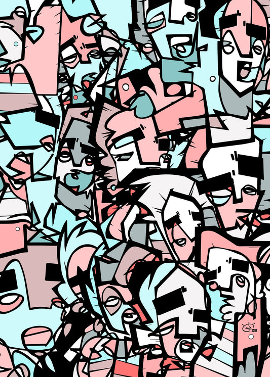 A dynamic abstract artwork titled "Carnival London" by Markus Haertel, featuring overlapping, stylized faces in bold black lines and pastel shades of pink, blue, and gray.