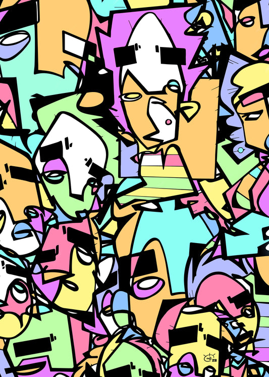 A bold and colorful abstract artwork titled "Carnival Rio de Janeiro" by Markus Haertel, featuring overlapping, stylized faces drawn with continuous black lines, representing the festive energy of Rio’s carnival.