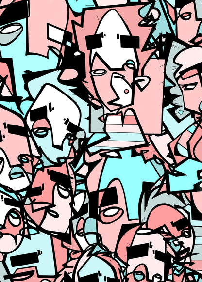 A colorful abstract artwork titled "Carnival Goa" by Markus Haertel, featuring overlapping, stylized faces in pastel shades of pink, blue, and peach, created with bold black line