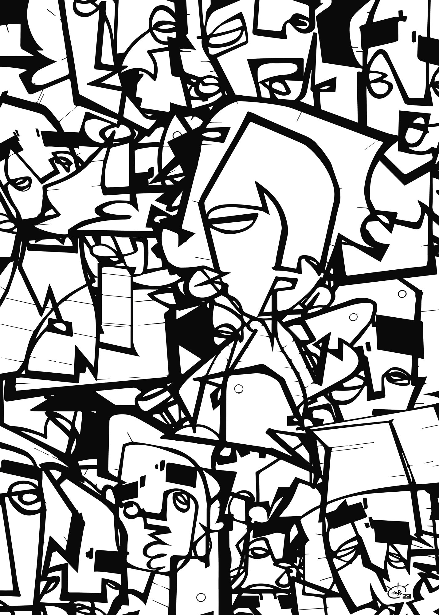 A bold black-and-white abstract artwork titled "Carnival New York" by Markus Haertel, featuring overlapping, stylized faces drawn with continuous black lines, representing the bustling energy of New York’s carnival.