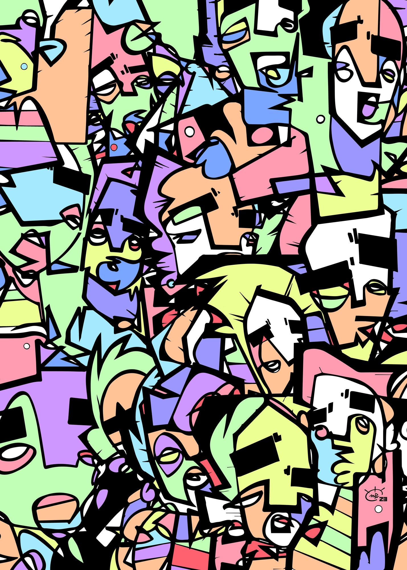 Colorful one-line abstract artwork of carnival faces and figures in Sao Paulo by Markus Haertel.
Bright abstract canvas print depicting the bustling energy of Sao Paulo’s carnival, created using one-line art technique by Markus Haertel.