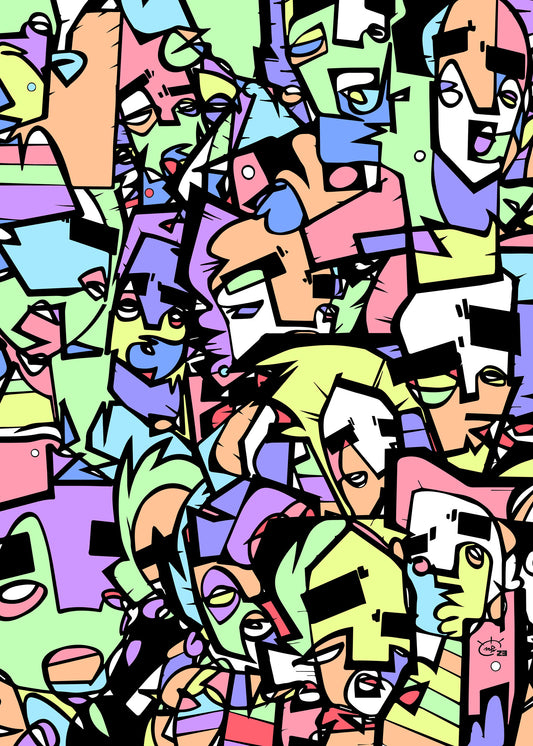 Colorful one-line abstract artwork of carnival faces and figures in Sao Paulo by Markus Haertel.
Bright abstract canvas print depicting the bustling energy of Sao Paulo’s carnival, created using one-line art technique by Markus Haertel.