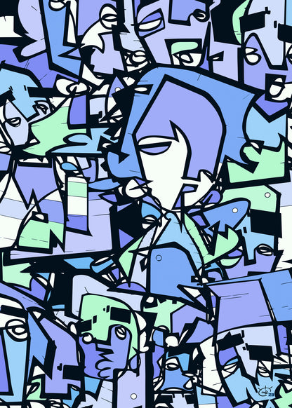 Abstract one-line drawing of Venetian carnival faces in shades of blue, green, and lavender by Markus Haertel.
Elegant one-line abstract art print inspired by the carnival of Venice, featuring fluid black lines and soft pastel colors.