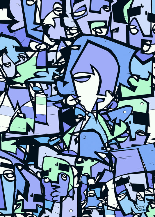 Abstract one-line drawing of Venetian carnival faces in shades of blue, green, and lavender by Markus Haertel.
Elegant one-line abstract art print inspired by the carnival of Venice, featuring fluid black lines and soft pastel colors.