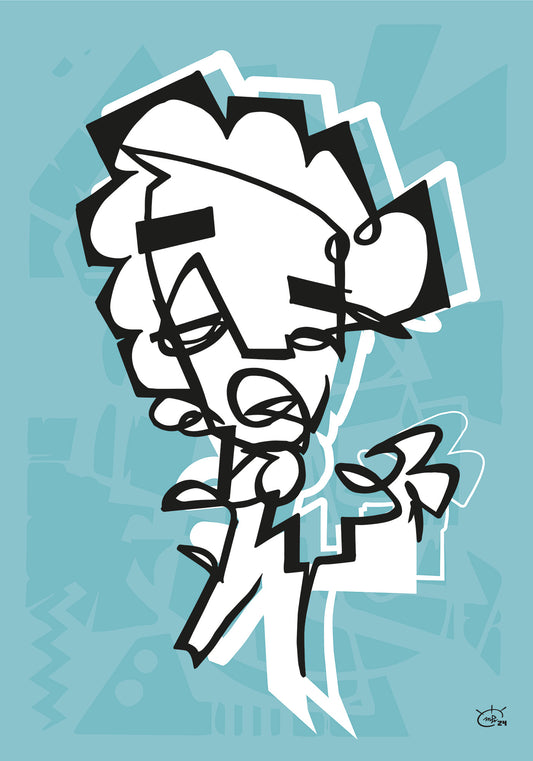 Abstract one-line artwork titled 'Clownclaw' by Markus Haertel, featuring a distorted, clown-like figure with exaggerated features in thick black angular lines against a white background, forming a geometric and modern composition.