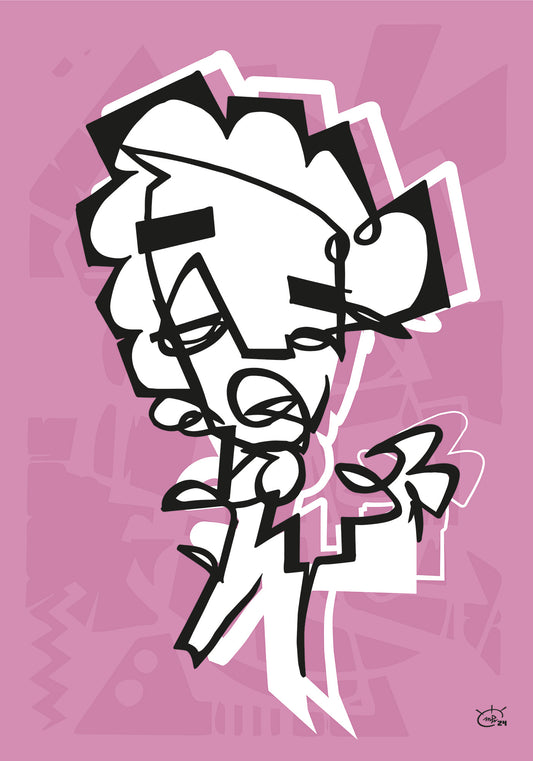 One-line artwork of an abstract clown figure in black and white on a vibrant Rose background, showcasing bold contrasts and flowing linework.