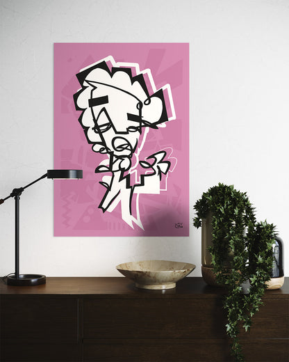 Interior view featuring a modern art poster with a playful one-line clown figure in black and white against a vibrant Rose background.