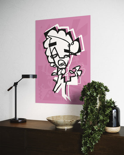 Contemporary room with a bold art poster displaying a one-line abstract clown figure in black and white, set on a vibrant Rose background, adding contrast and energy to the decor.