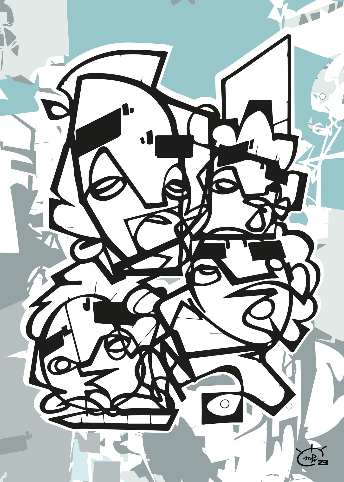 A black and white abstract artwork titled "Friendship" by Markus Haertel, featuring multiple stylized faces intertwined with bold one line geometric shapes. Available in five background colors.