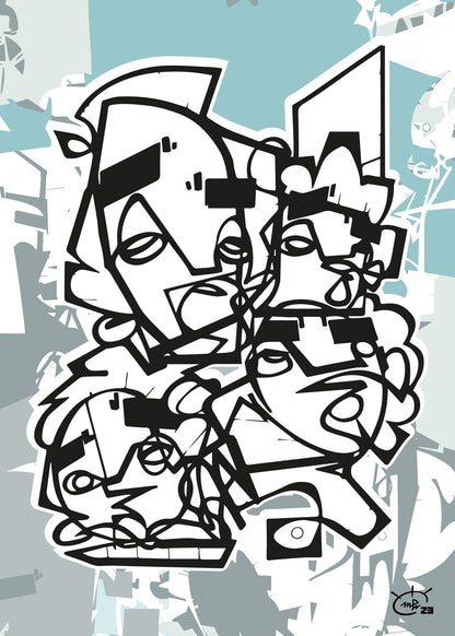 A black and white abstract artwork titled "Friendship" by Markus Haertel, featuring multiple stylized faces intertwined with bold one line geometric shapes. Available in five background colors.