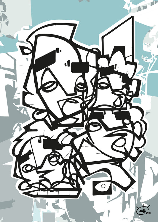 A black and white abstract artwork titled "Friendship" by Markus Haertel, featuring multiple stylized faces intertwined with bold one line geometric shapes. Available in five background colors.