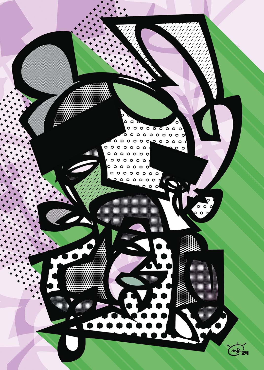 GORDO BORDO abstract artwork in green and purple by Markus Haertel. A playful and dynamic piece that adds a touch of modern art to any environment.