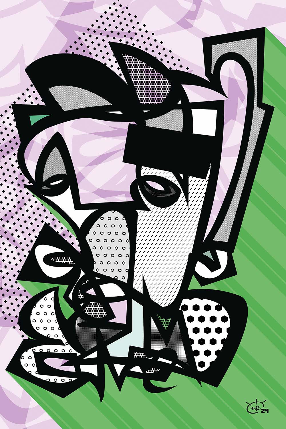 GRUMPY abstract artwork in green and purple by Markus Haertel. A playful yet balanced design that adds a lively, modern touch to any room.