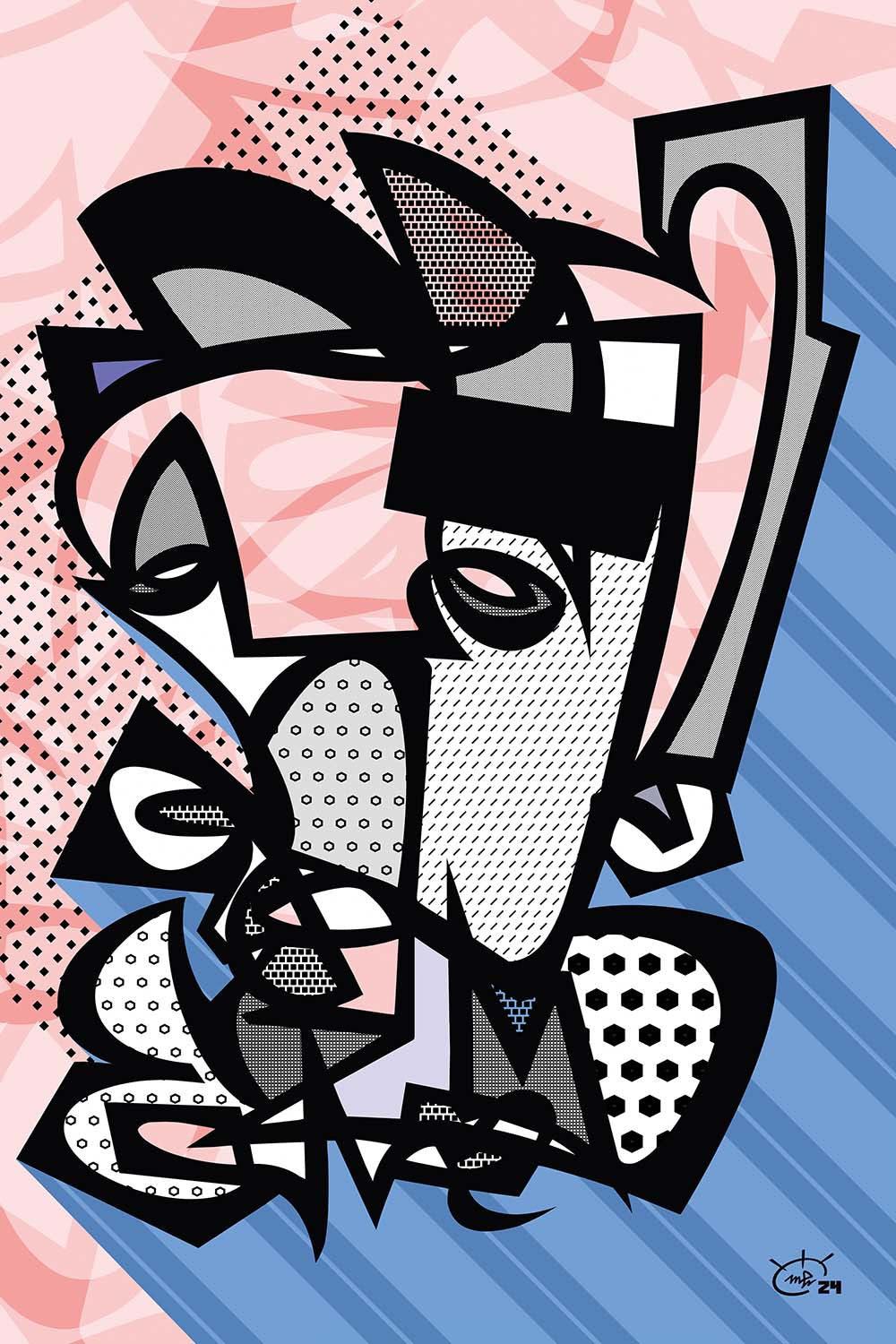 GRUMPY abstract artwork in red and blue by Markus Haertel. A bold and dynamic oneline design that brings intensity and emotion to your space