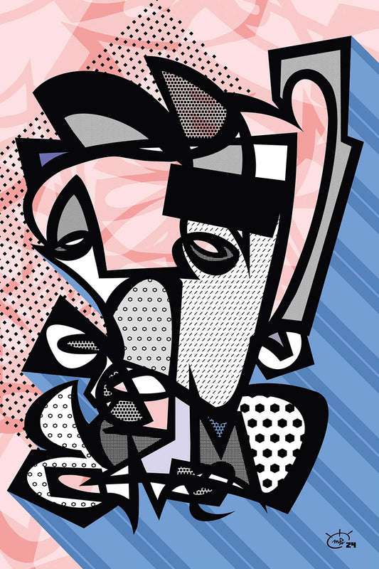 GRUMPY abstract artwork in red and blue by Markus Haertel. A bold and dynamic oneline design that brings intensity and emotion to your space