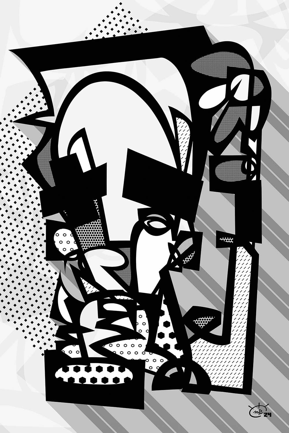 JUGGLA abstract black and white art by Markus Haertel. A minimalist yet captivating piece that focuses on intricate lines and powerful contrasts