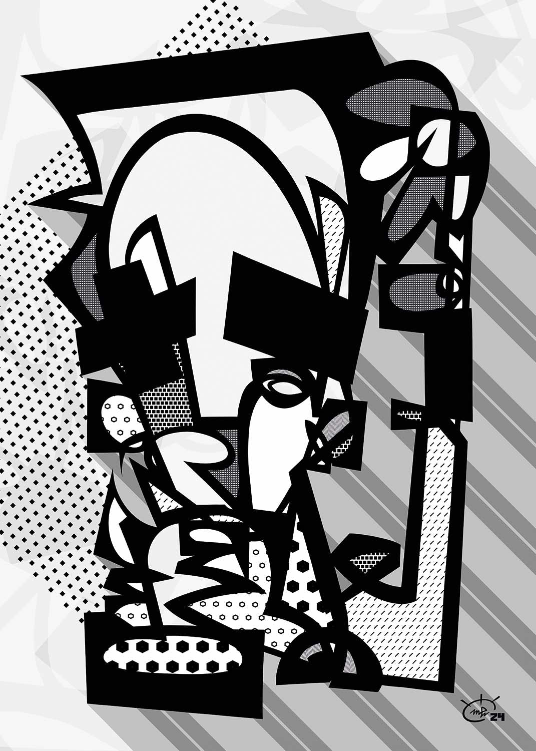 JUGGLA abstract black and white art by Markus Haertel. A minimalist yet captivating piece that focuses on intricate lines and powerful contrasts.