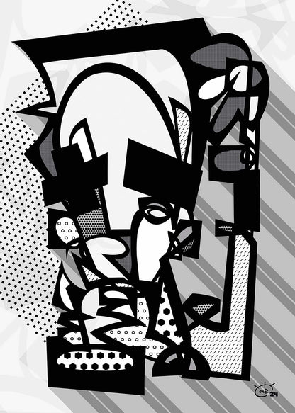 JUGGLA abstract black and white art by Markus Haertel. A minimalist yet captivating piece that focuses on intricate lines and powerful contrasts.