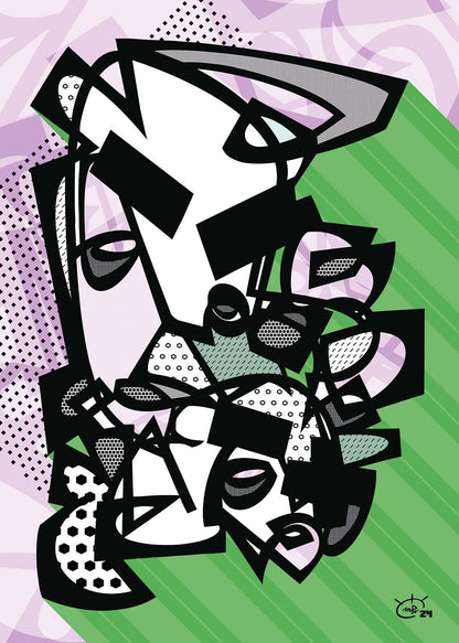 KUSH KUSH abstract artwork in green and purple by Markus Haertel. A playful and balanced design, perfect for adding a fresh modern touch