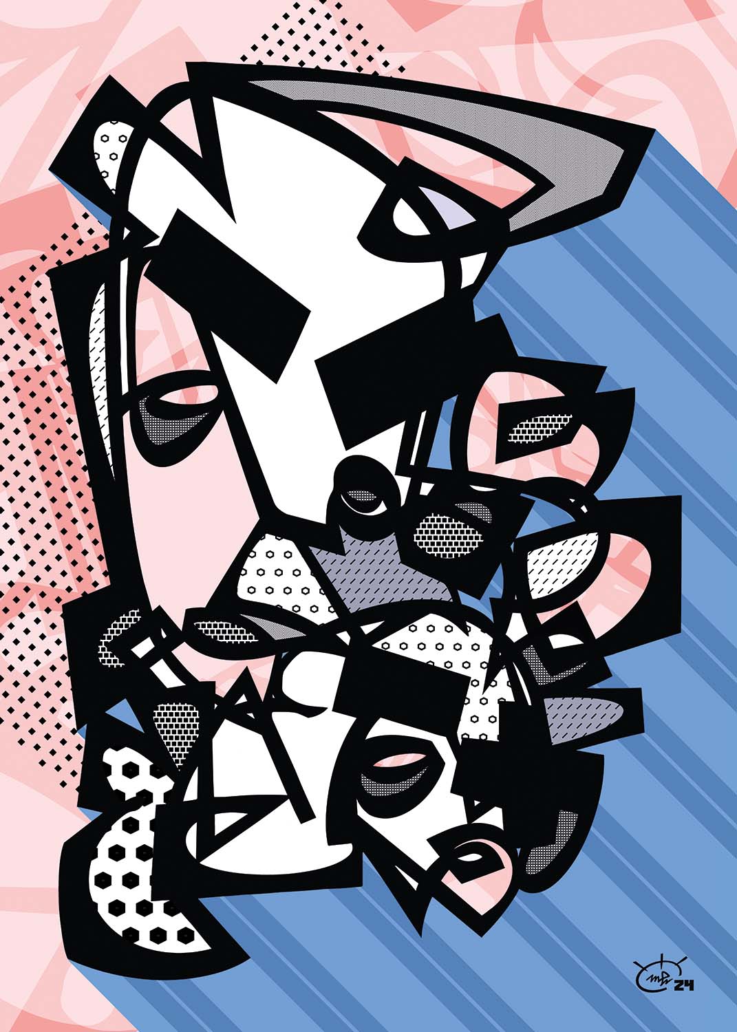 KUSH KUSH abstract artwork in bold red and blue by Markus Haertel. A modern and dynamic oneline design that brings energy to any space.