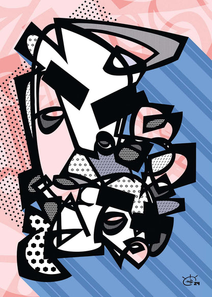 KUSH KUSH abstract artwork in bold red and blue by Markus Haertel. A modern and dynamic oneline design that brings energy to any space.