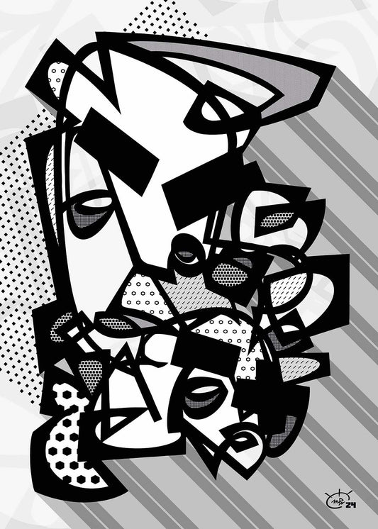 KUSH KUSH monochromatic black and white abstract art by Markus Haertel. A minimalist design focusing on bold lines and modern forms.