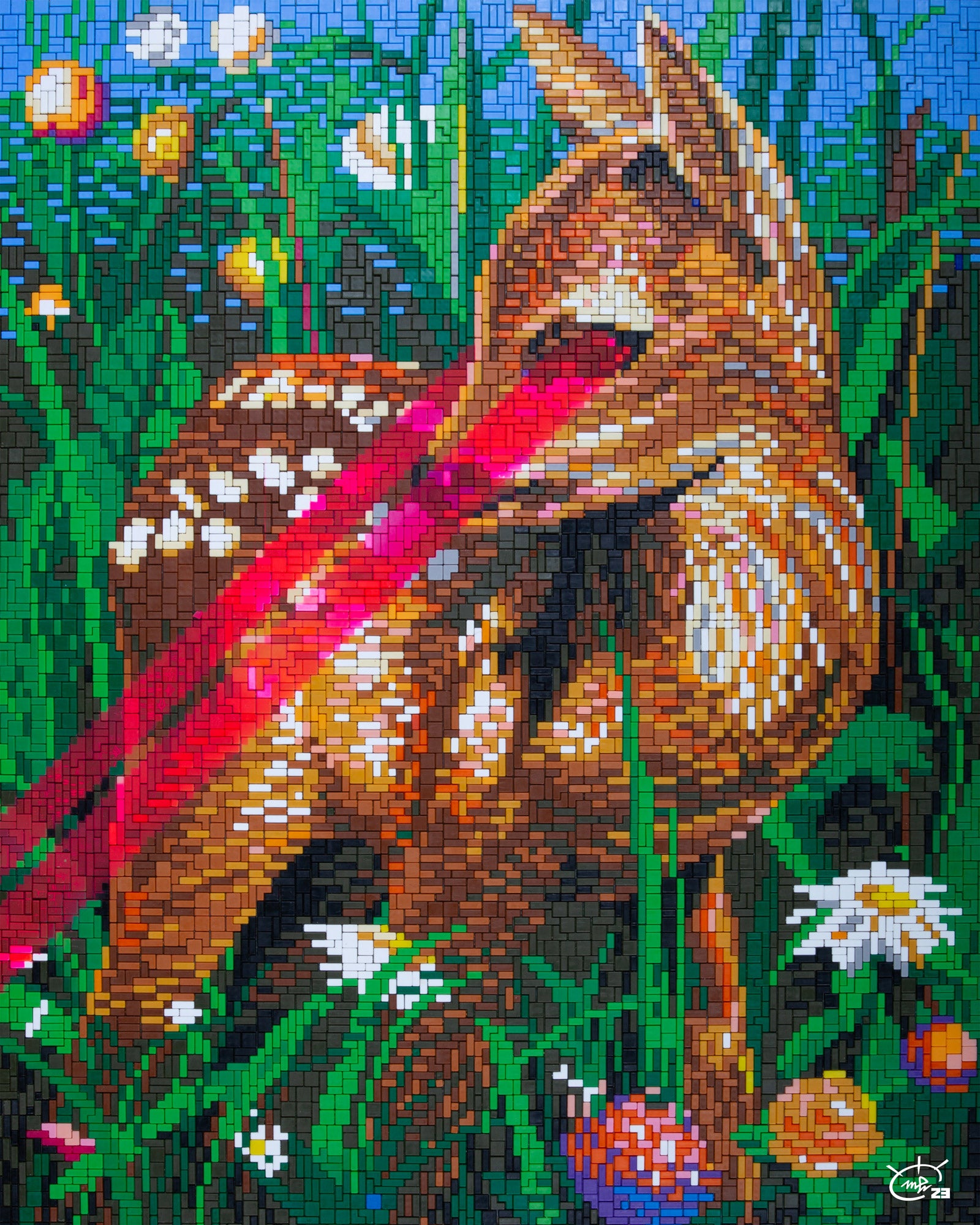 A pixelated image of a deer with neon pink laser beams shooting through it, surrounded by vibrant flowers and greenery, set against a blue sky.