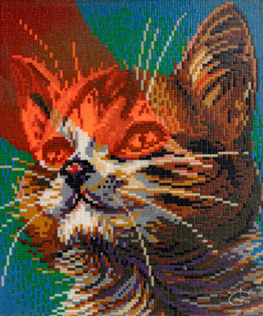 Close-up view of "LASER CAT" pixel art by Markus Haertel. This vibrant mosaic-style artwork showcases a cat's face with glowing red and orange eyes against a cool-toned background.