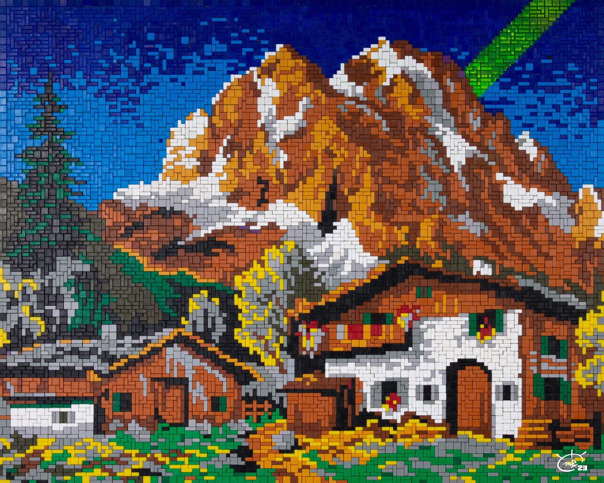 A pixel art mountain landscape featuring traditional wooden houses with a backdrop of a snow-capped mountain under a vibrant blue sky, and a green laser beam cutting across the scene, displayed on a wall.