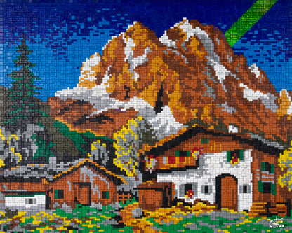 A pixel art mountain landscape featuring traditional wooden houses with a backdrop of a snow-capped mountain under a vibrant blue sky, and a green laser beam cutting across the scene, displayed on a wall.