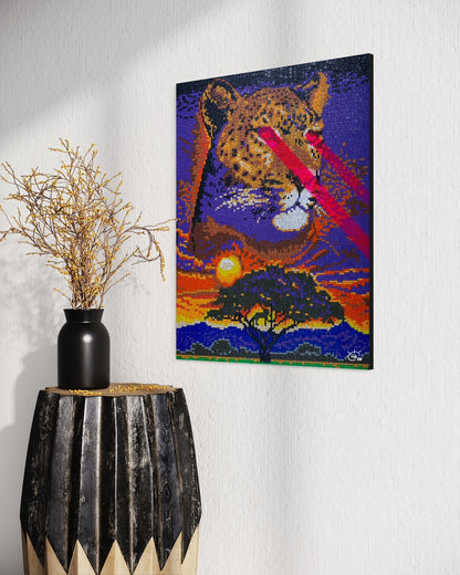 A pixel art canvas featuring a leopard with red laser eyes against a sunset background. The artwork is displayed in a stylish modern room, complementing the minimal decor with its bold colors and futuristic theme.