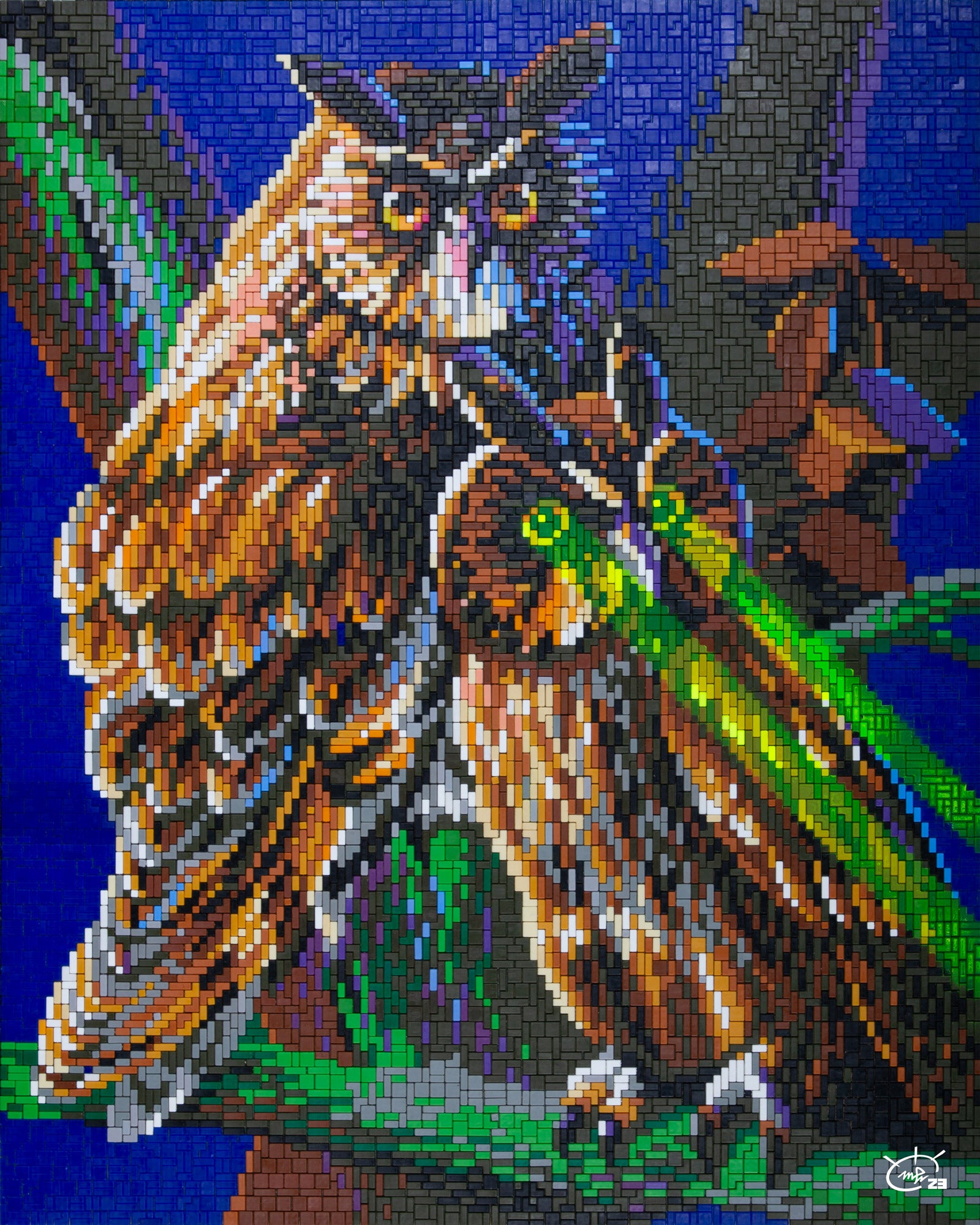 A pixel art of two owls perched on a tree branch, one with glowing green laser eyes. The scene is set against a deep blue nighttime forest background.