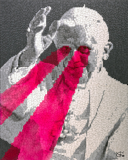 A pixel art of the Pope rendered in grayscale with vivid red laser beams shooting from his eyes. The sharp contrast between the religious figure and the futuristic laser creates a powerful visual effect.