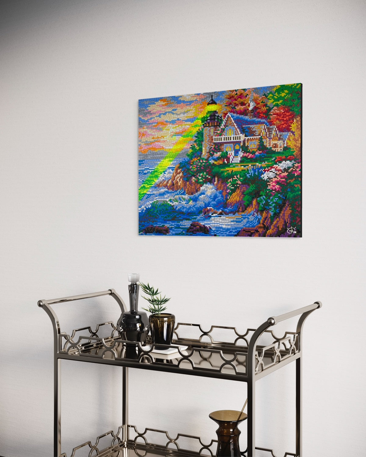 A pixel art canvas featuring a lighthouse with a green laser beam, surrounded by flowers and ocean waves. The artwork adds a bold, futuristic twist to a classic coastal scene.
