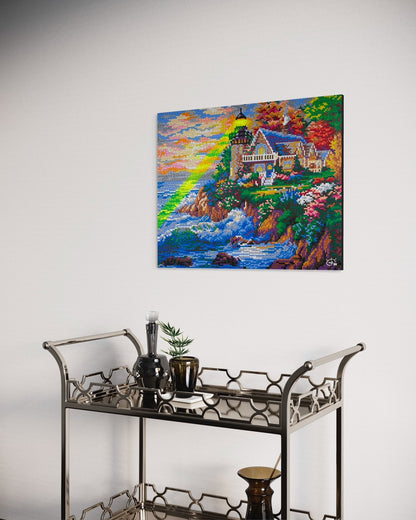 A pixel art canvas featuring a lighthouse with a green laser beam, surrounded by flowers and ocean waves. The artwork adds a bold, futuristic twist to a classic coastal scene.
