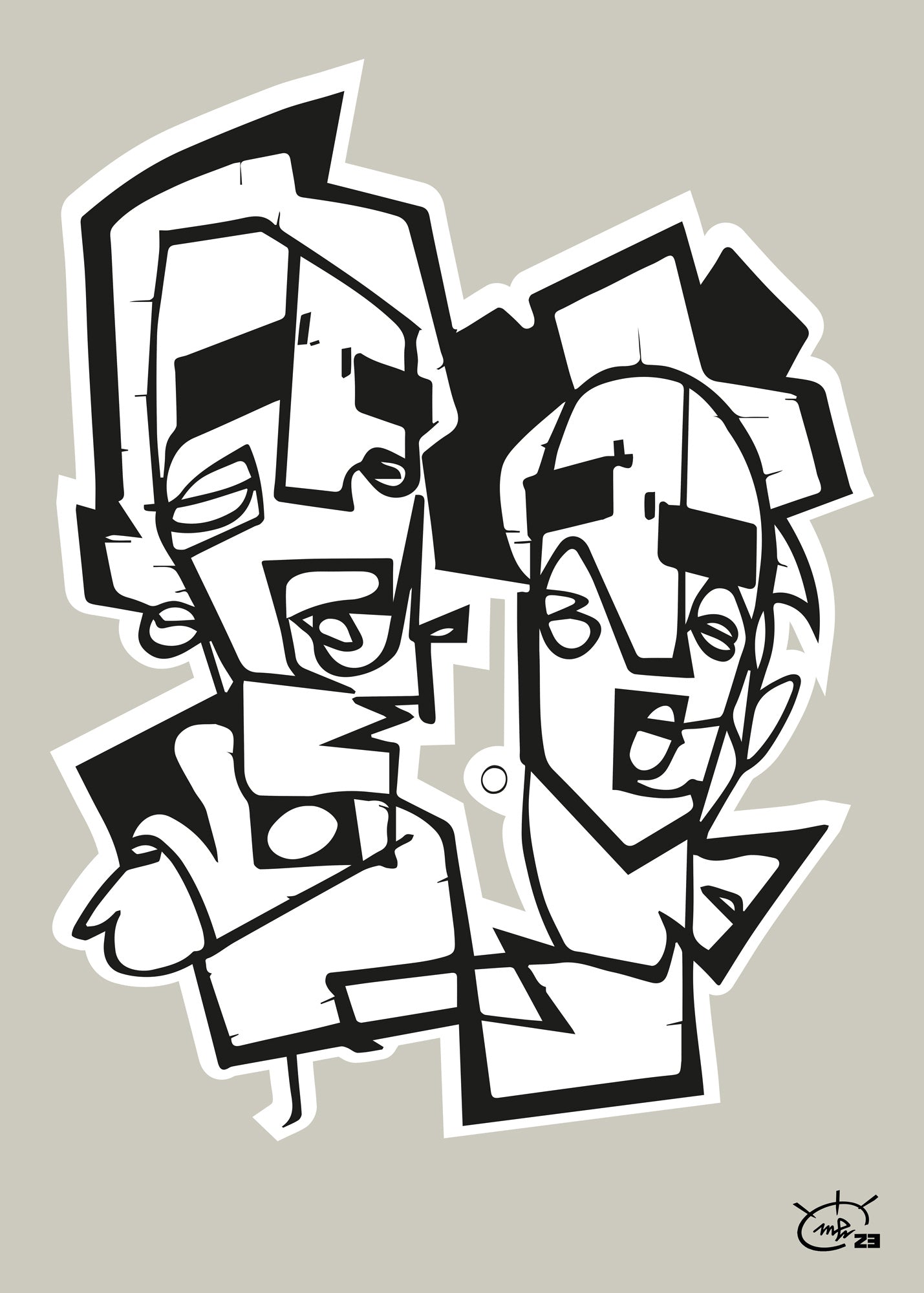 A black and white abstract artwork titled "Last Boyscouts" by Markus Haertel, featuring two animated, stylized figures created with bold one line geometric shapes. Available in five background colors.