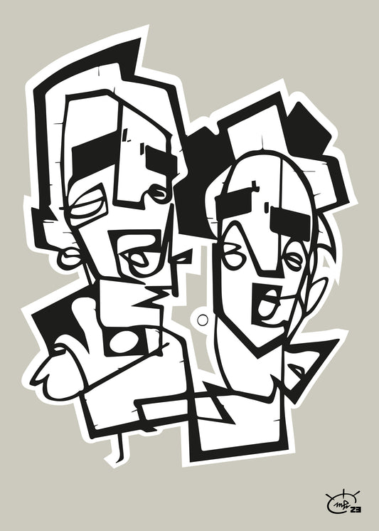 A black and white abstract artwork titled "Last Boyscouts" by Markus Haertel, featuring two animated, stylized figures created with bold one line geometric shapes. Available in five background colors.