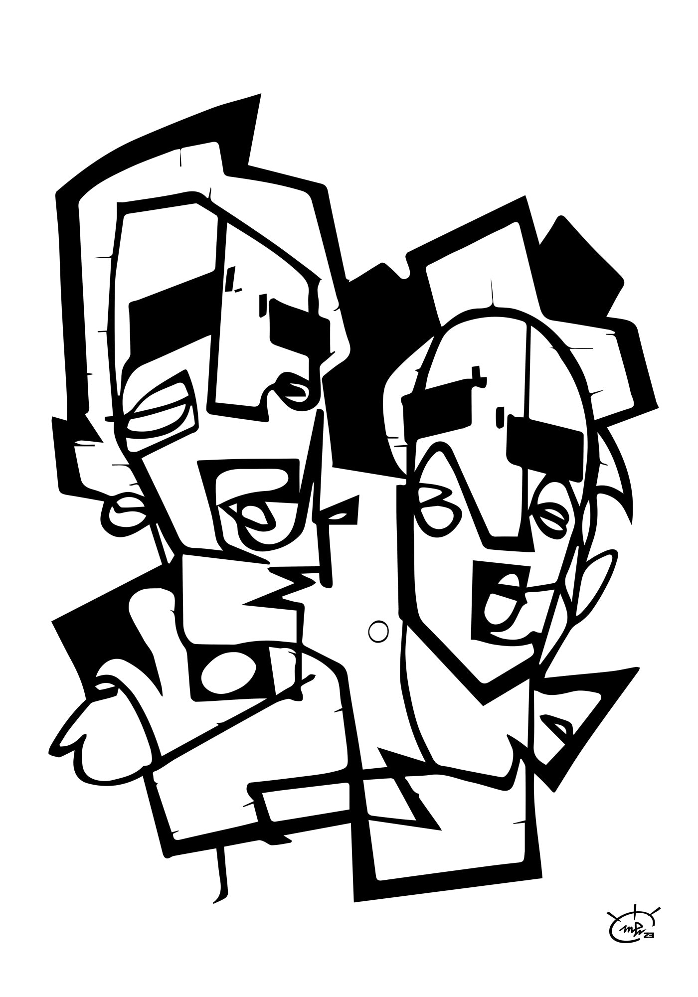 A black and white abstract artwork titled "Last Boyscouts" by Markus Haertel, featuring two animated, stylized figures created with bold one line geometric shapes. Available in five background colors.