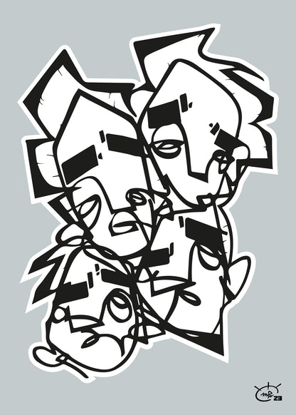 A black and white abstract artwork titled "Life Is No Sugar Lickin" by Markus Haertel, featuring multiple overlapping stylized faces created with bold one line geometric shapes. Available in five background colors.