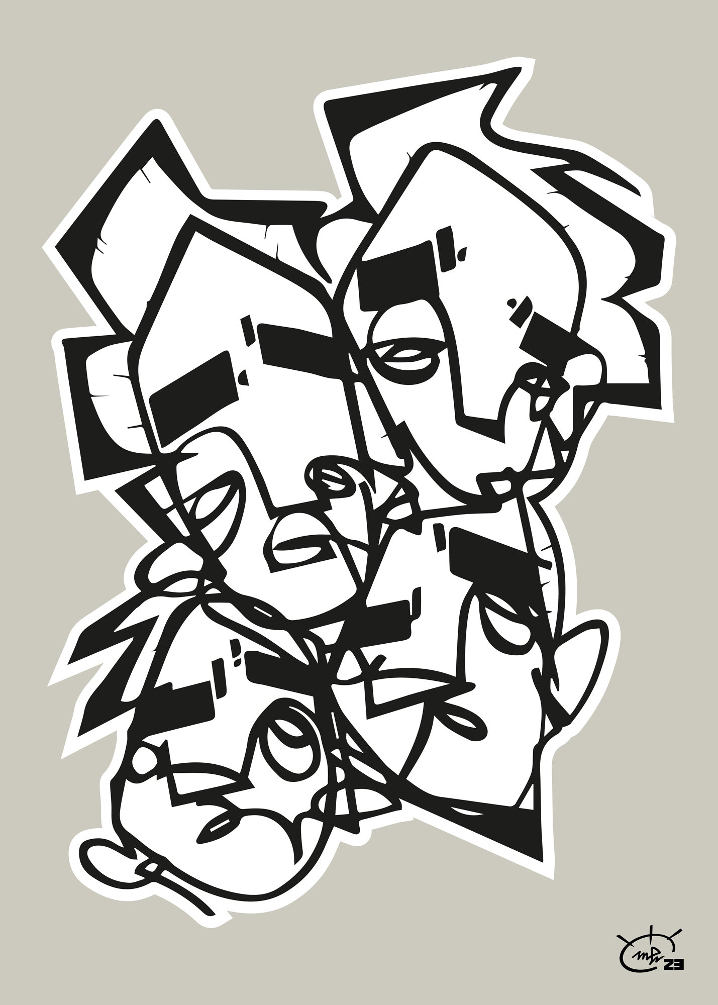 A black and white abstract artwork titled "Life Is No Sugar Lickin" by Markus Haertel, featuring multiple overlapping stylized faces created with bold one line geometric shapes. Available in five background colors.